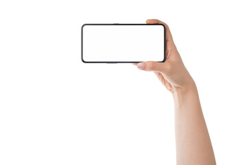Young woman hand holding generic smartphone with white screen on white background