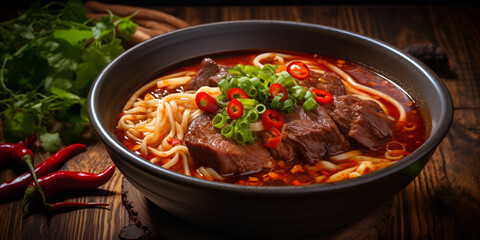 noodle with beef and hot pepper, Comfort Korean Beef Soup Tradition Hearty Elegance Capturing the Steamy ,Nihari Pakistani Dish On Plate On White Background 