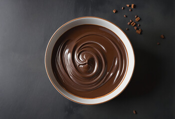 Chocolate dessert in ceramic bowl with dark chocolate pieces on concrete - obrazy, fototapety, plakaty