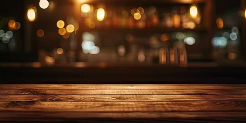 Abstract blurred wooden table in modern urban setting. Empty bar counter with bokeh lights ideal for lifestyle restaurant or cafe concepts