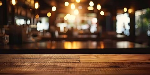 Abstract blurred wooden table in modern urban setting. Empty bar counter with bokeh lights ideal for lifestyle restaurant or cafe concepts - obrazy, fototapety, plakaty