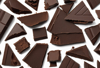 Dark chocolate squares on white background.