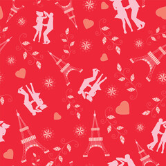 Valentine's Day vector seamless pattern. floral, Eiffel Tower, hearts, leaves, flowers, couple, romantic background