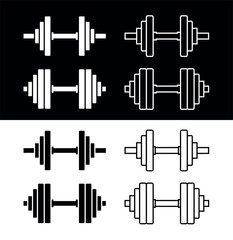 Dumbbell icons set. Symbol of strength or training. An attribute of sport, achievement, or athlete.