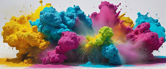 Vibrant Holi Paint Color Powder Explosion on White Wide Panorama Background - obrazy, fototapety, plakaty