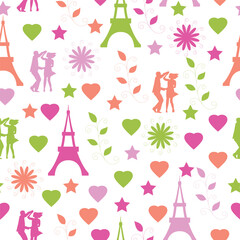 Valentine's Day vector seamless pattern. floral, Eiffel Tower, hearts, leaves, flowers, couple, romantic background