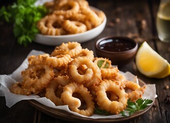 Fried calamari rings, Fried squid rings on a plate with sauce