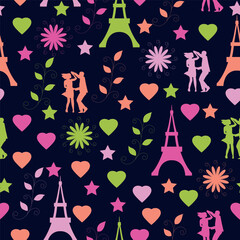 Valentine's Day vector seamless pattern. floral, Eiffel Tower, hearts, leaves, flowers, couple, romantic background
