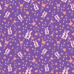 Valentine's Day vector seamless pattern. floral, Eiffel Tower, hearts, leaves, flowers, couple, romantic background