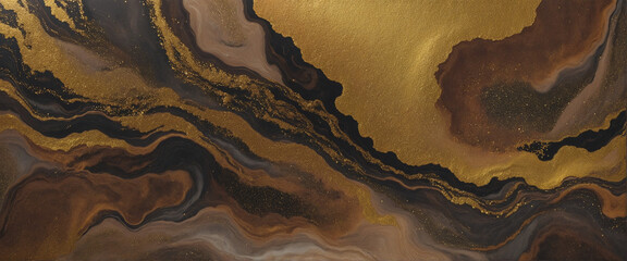 Brown and gold glittery horizontal background with marble texture and swirling alcohol ink colors.