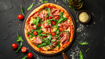 Italian pizza with prosciutto, arugula and cherry tomatoes on a dark background.