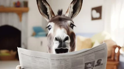 Fotobehang shocked donkey reading a newspaper © zayatssv
