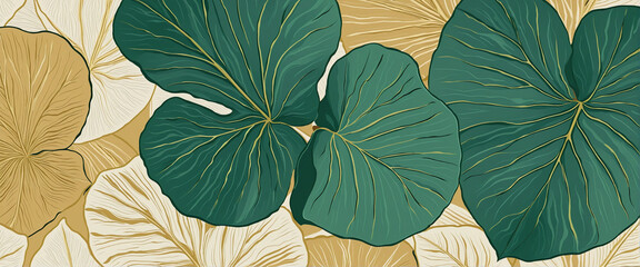 Golden lined lotus leaf art background for wallpaper, decor, print, and textile design. Hand-drawn botanical banner. - obrazy, fototapety, plakaty