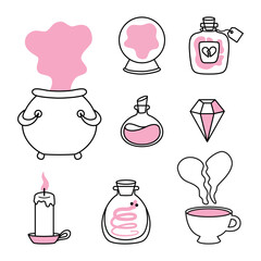 Silhouette set of magic elements in pink doodle cartoon style. Cauldron, magic ball, potion, crystal, candle design elements.