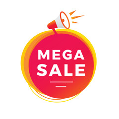 Mega sale, banner, label icon megaphone. Design for announcement or advertising promotion. Flat vector sign.