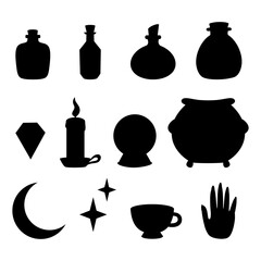 Silhouettes magic tools. Bottle, potion, magic crystal, cauldron, hand, moon, candle black silhouette set.