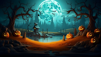 Happy Halloween background spooky scene, creepy dark night with moon, pumpkins and spooky trees on graveyard ghosts horror gothic evil cemetery landscape. Mysterious night moonlight backdrop