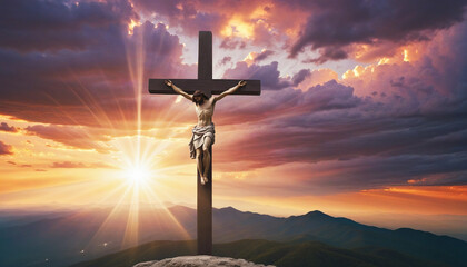Christian Cross with Dramatic Mountain Sunset