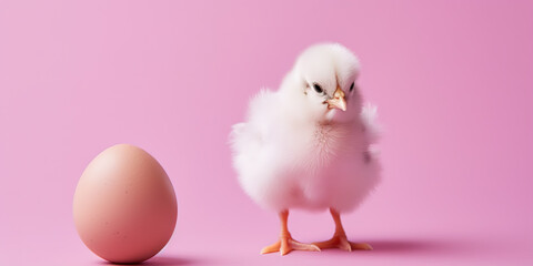 Little chicken looking at the egg on pink background with copy space. Agriculture and farming