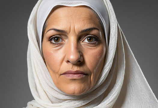 serious Arab muslim elderly woman in hijab posing on the street