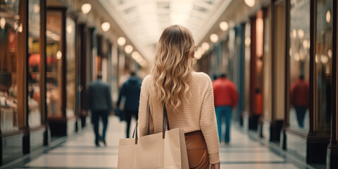 A beautiful model woman walking with shopping bags buying clothes in stores on a paris street in france. fashionable lady with high heels. from behind. perfect for a advertisement - obrazy, fototapety, plakaty