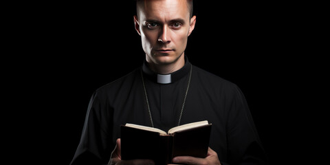 A catholic christian church priest wearing black cassock robe holding the holy bible book in his hands. face seen. isolated on dark grey / black background - obrazy, fototapety, plakaty