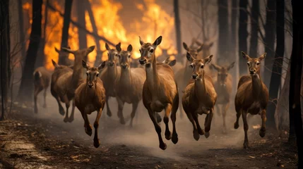 Poster Animals Running Escaping To Save Their Lives from the burning forest. climate change, droughts and forest fires concept © zayatssv