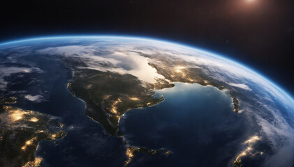 Bird's eye view of Earth from space. City lights shining, clouds softly glowing.