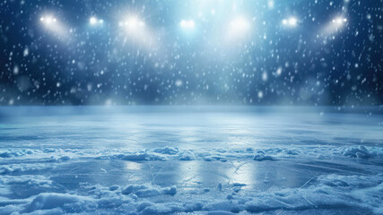 Naklejka premium Snow and ice background. Empty ice rink illuminated by spotlights