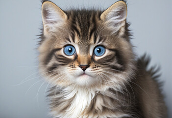 Fototapeta premium Adorable fluffy gray tabby kitten with blue eyes - perfect for pets and lifestyle.