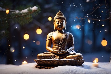 Buddha with light decoration, on snow night forest background