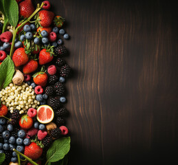 Various fresh colorful organic vegetables, fruits and berries top view, banner or template