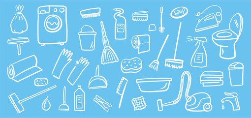 Vector collection of household cleaning, washing and disinfection equipment hand-drawn in doodle style