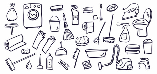 Vector collection of household cleaning, washing and disinfection equipment hand-drawn in doodle style - obrazy, fototapety, plakaty