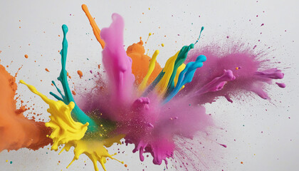 Vibrant Holi Paint Color Powder Explosion on White Wide Panorama Background - obrazy, fototapety, plakaty