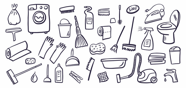 Vector collection of household cleaning, washing and disinfection equipment hand-drawn in doodle style