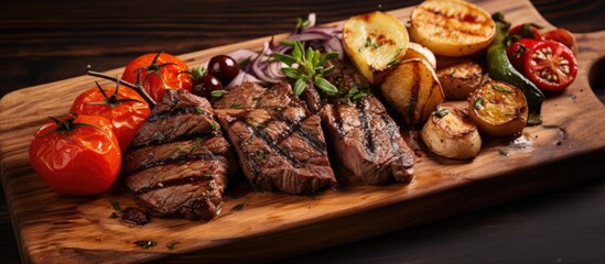 Grilled fillet steak in portions, served with roasted vegetables and tomatoes on a wooden board.