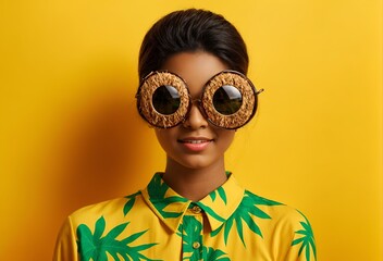 a woman wearing glasses crafted from coconut - obrazy, fototapety, plakaty