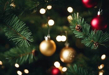 Fototapeta na wymiar Christmas tree ornaments lights pine needles bokeh light red and gold baubles
