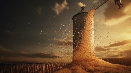 Wheat grains are falling against the background of the granary and the blue sky at sunset. - obrazy, fototapety, plakaty