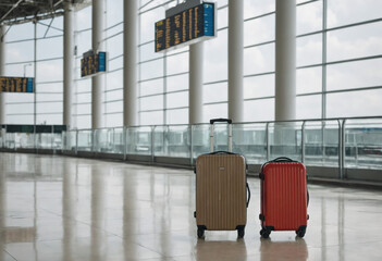two suitcases are sitting alone in the middle of terminal airport waiting for departure
