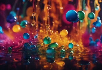 Colorful rainbow paint drops from above mixing in water Ink swirling underwater