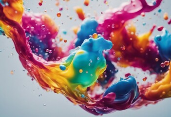 Colorful rainbow paint drops from above mixing in water Ink swirling underwater on gray background