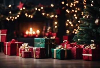 Dark christmas background with presents and christmas trees on wooden floor in front of fire place