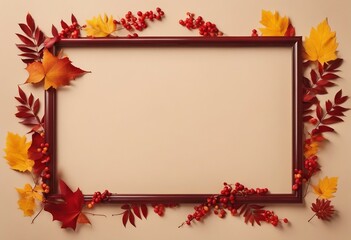 Naklejka na ściany i meble Frame of colorful red and yellow autumn leaves with cones on trendy pastel beige background