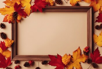 Horizontal frame of colorful red and yellow autumn leaves with cones and rowan berries on trendy beige background