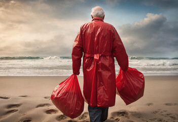 Un homme habillé de vêtement en plastique rouge avec des sacs poubelles - Generative AI