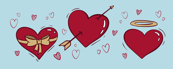 Set of groovy hearts in hippie love style for Valentine's Day. Comic heart character in retro 80s 70s trendy cartoon style. Retro  elements for print, wrapping paper, web sites, background and cards.