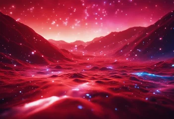 Zelfklevend Fotobehang Abstract colorful digital landscape with flowing particles Cyber or technology background Neon red futuristic landscape © FrameFinesse