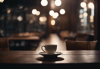 Cup of coffee on the dark wood table in the cafe with a blurred background in evening